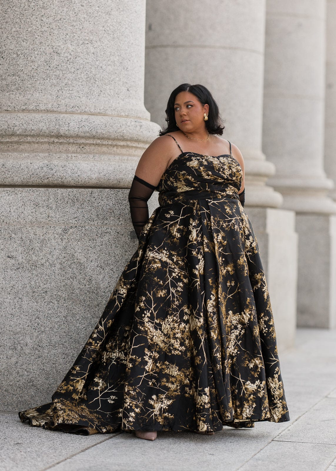 Arabella Sleeveless Gold Foil High Slit Formal Dress - Black