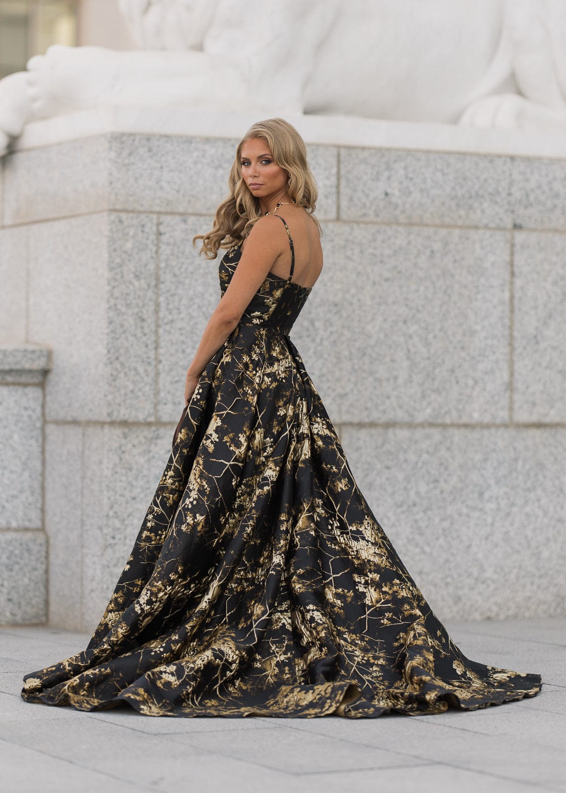 Arabella Sleeveless Gold Foil High Slit Formal Dress - Black