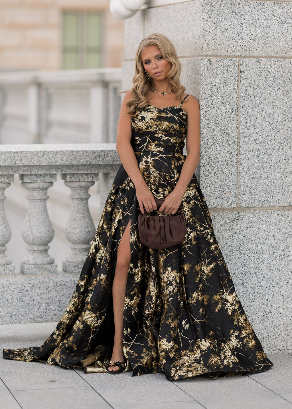 Arabella Sleeveless Gold Foil High Slit Formal Dress - Black