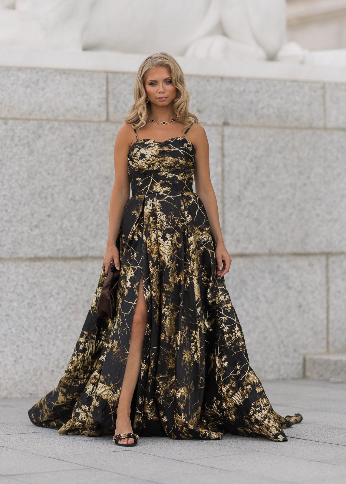 Arabella Sleeveless Gold Foil High Slit Formal Dress - Black