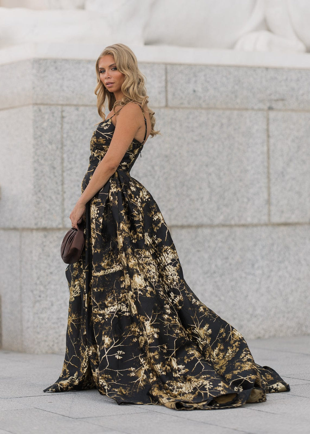 Arabella Sleeveless Gold Foil High Slit Formal Dress - Black