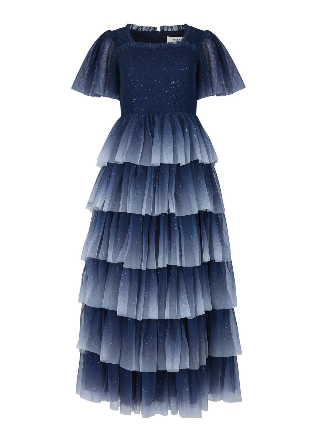 Clarabelle Glitter Ombre Flutter Sleeve Tiered Maxi Dress - Navy