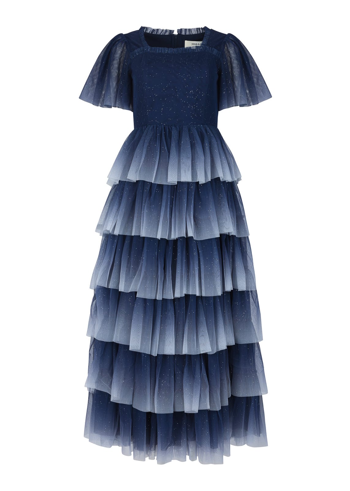 Clarabelle Glitter Ombre Flutter Sleeve Tiered Maxi Dress - Navy