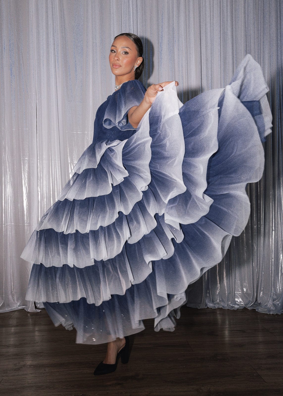 Clarabelle Glitter Ombre Flutter Sleeve Tiered Maxi Dress - Navy