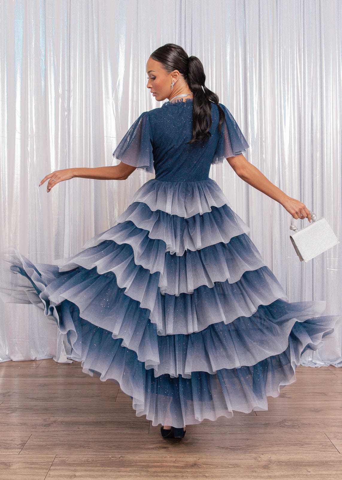 Clarabelle Glitter Ombre Flutter Sleeve Tiered Maxi Dress - Navy