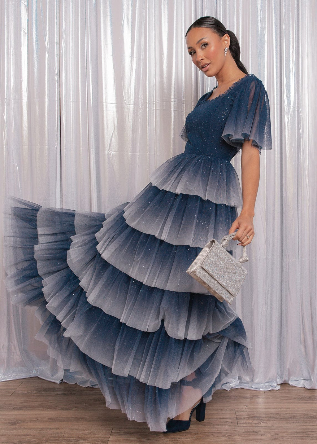 Clarabelle Glitter Ombre Flutter Sleeve Tiered Maxi Dress - Navy