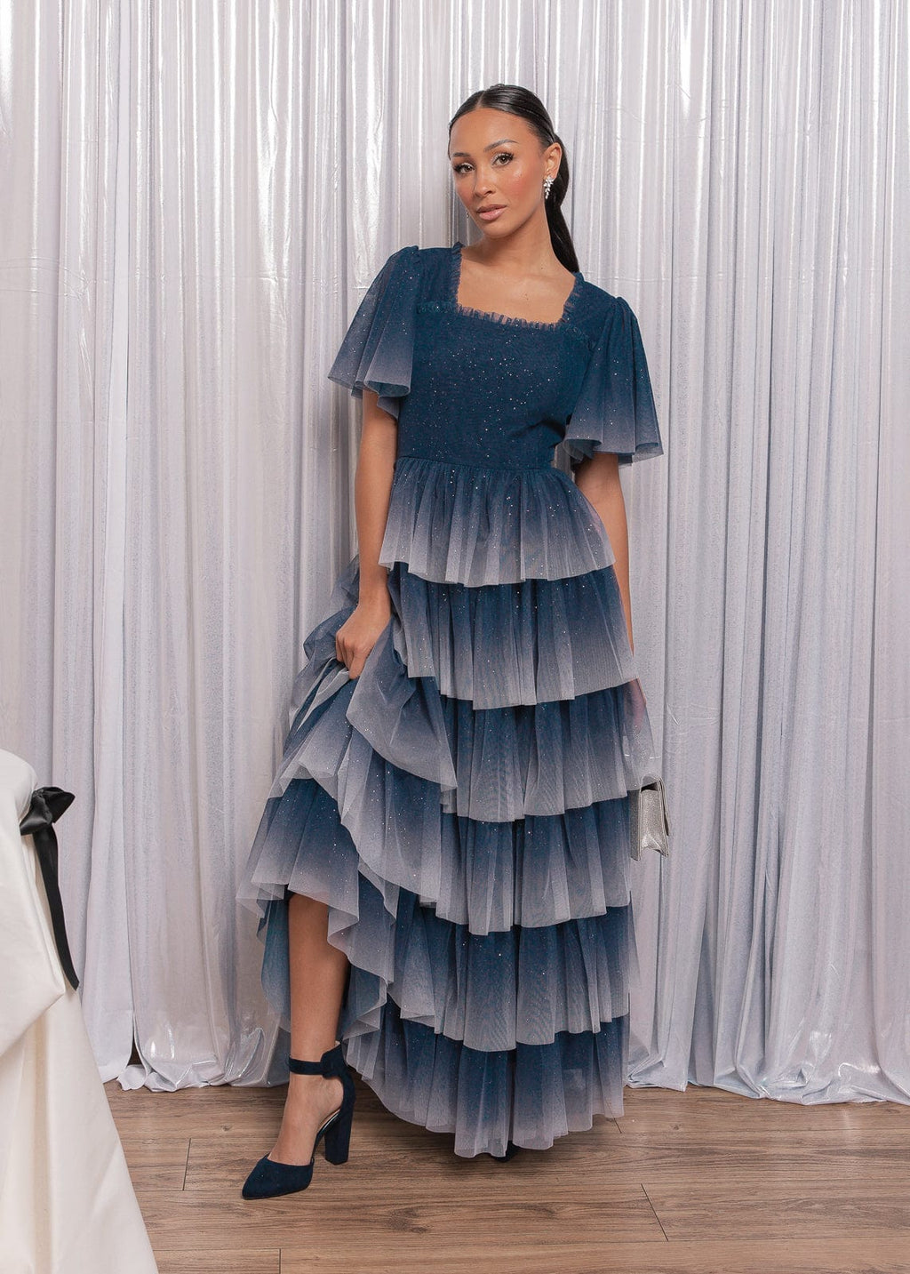 Clarabelle Glitter Ombre Flutter Sleeve Tiered Maxi Dress - Navy