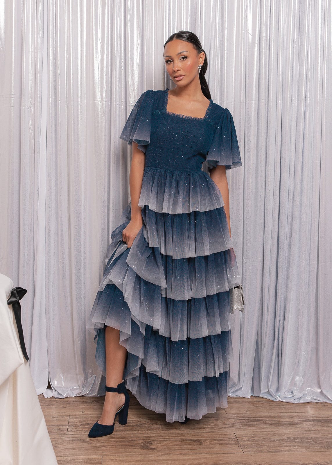 Clarabelle Glitter Ombre Flutter Sleeve Tiered Maxi Dress - Navy