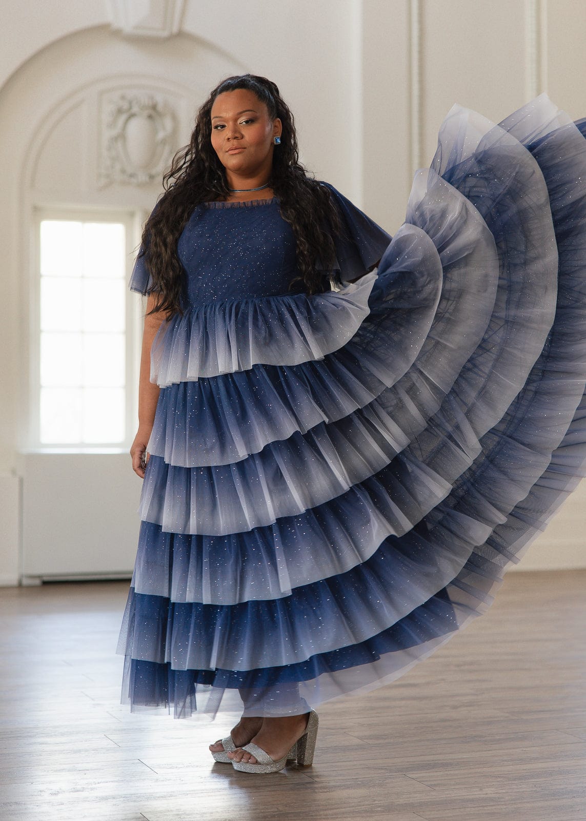 Clarabelle Glitter Ombre Flutter Sleeve Tiered Maxi Dress - Navy