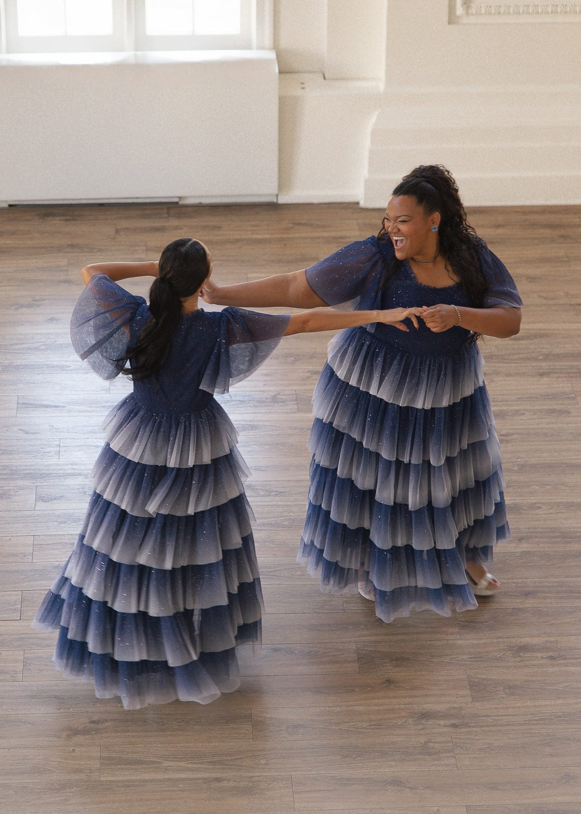 Clarabelle Glitter Ombre Flutter Sleeve Tiered Maxi Dress - Navy
