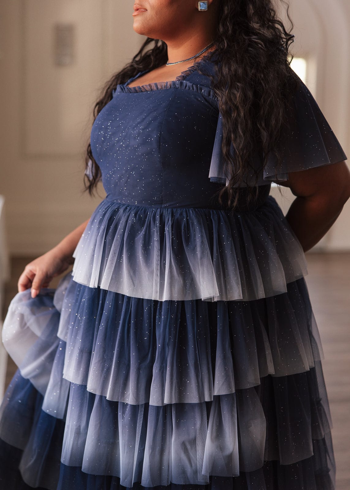 Clarabelle Glitter Ombre Flutter Sleeve Tiered Maxi Dress - Navy