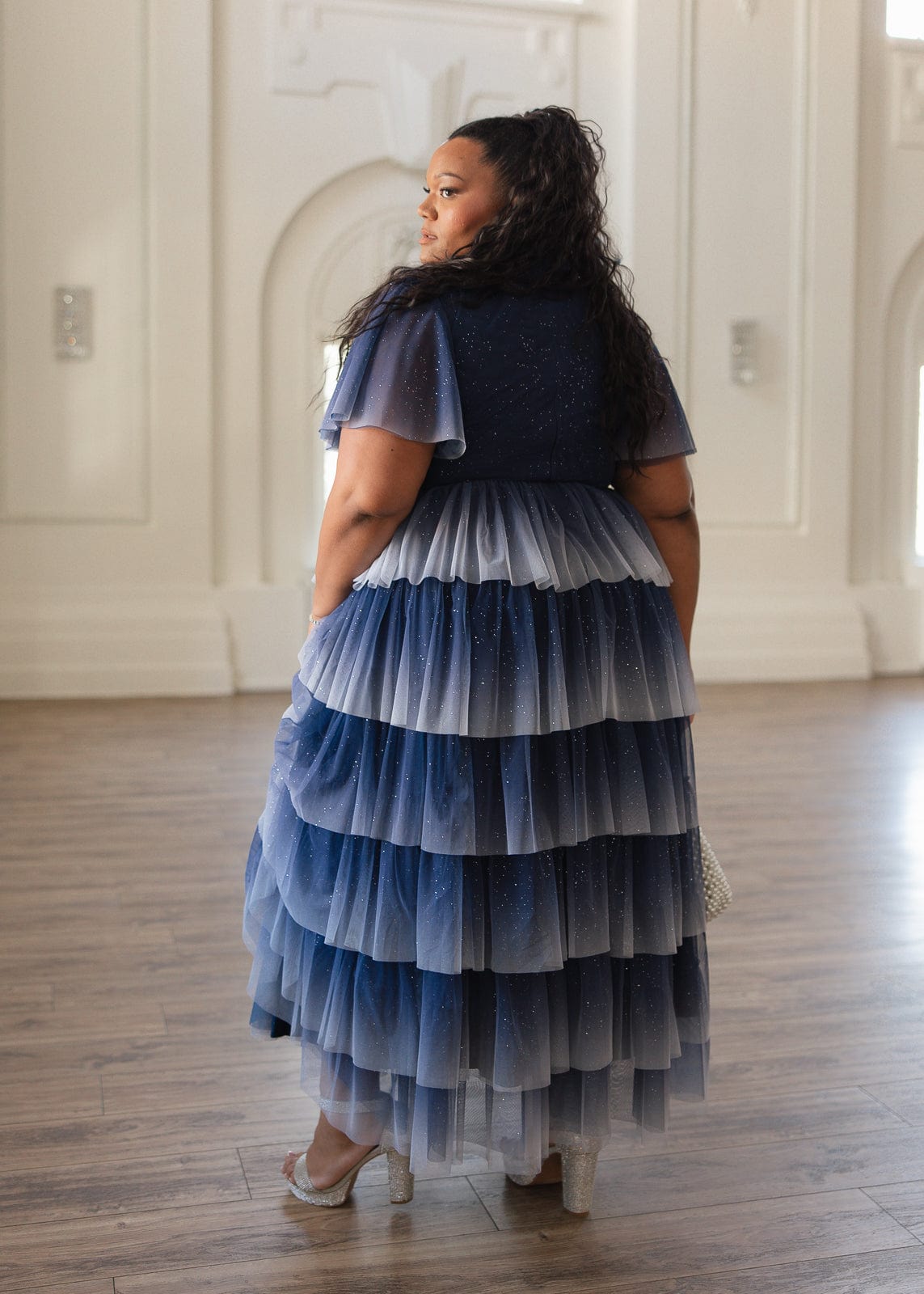 Clarabelle Glitter Ombre Flutter Sleeve Tiered Maxi Dress - Navy