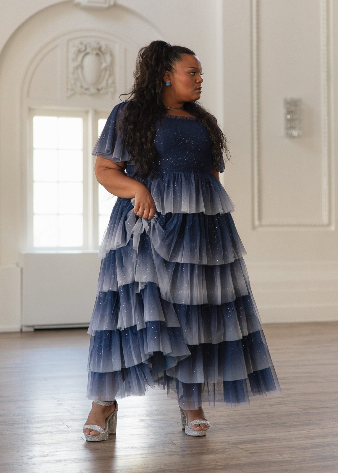 Clarabelle Glitter Ombre Flutter Sleeve Tiered Maxi Dress - Navy