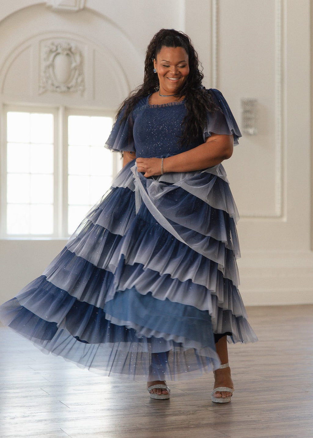 Clarabelle Glitter Ombre Flutter Sleeve Tiered Maxi Dress - Navy