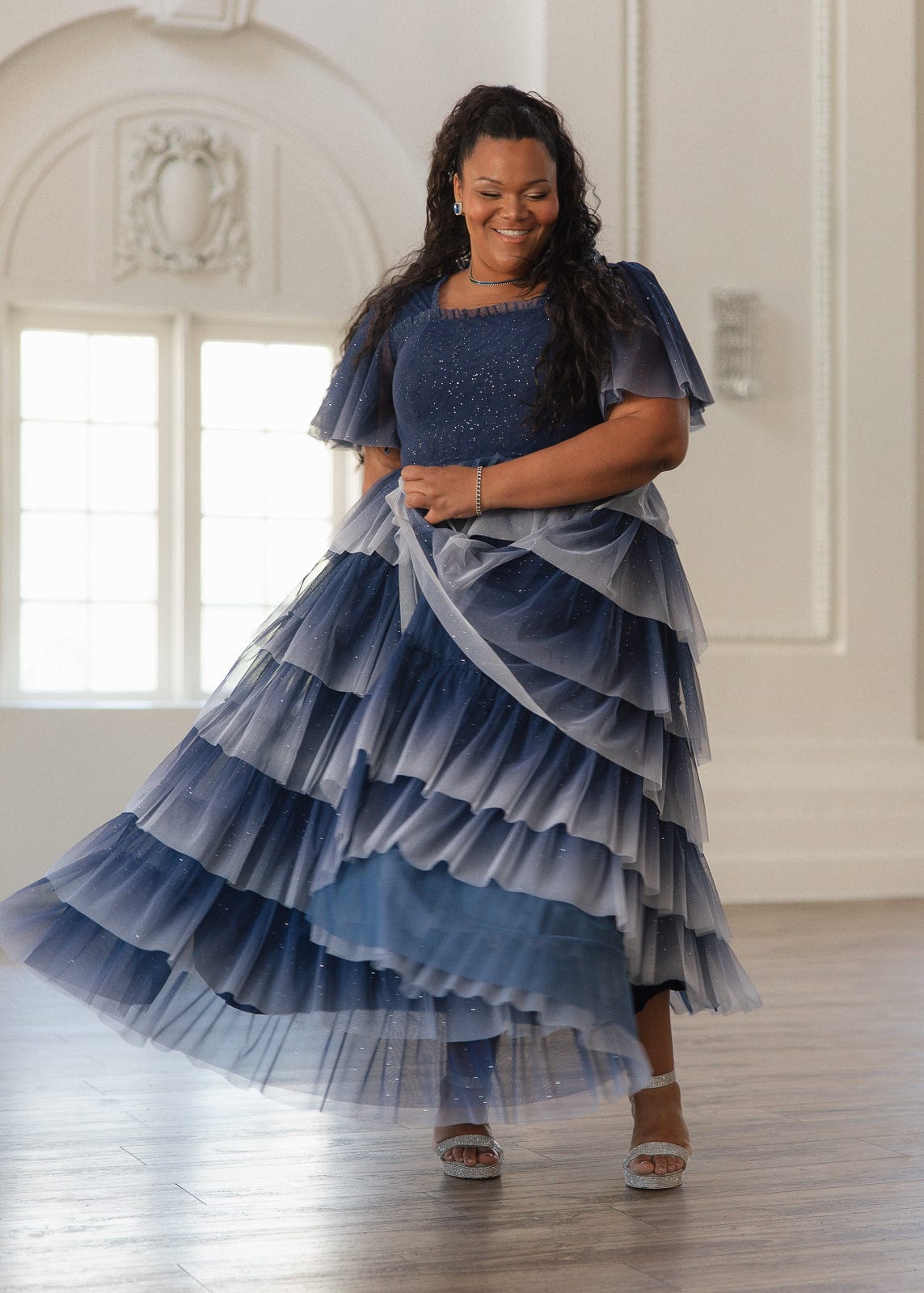 Clarabelle Glitter Ombre Flutter Sleeve Tiered Maxi Dress - Navy