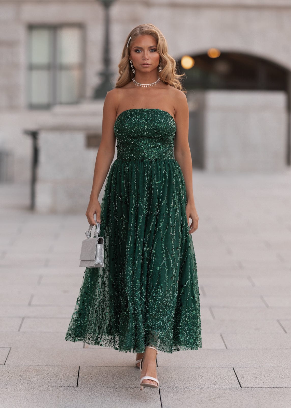 Elphie Strapless Sequin Corset Midi Dress - Green