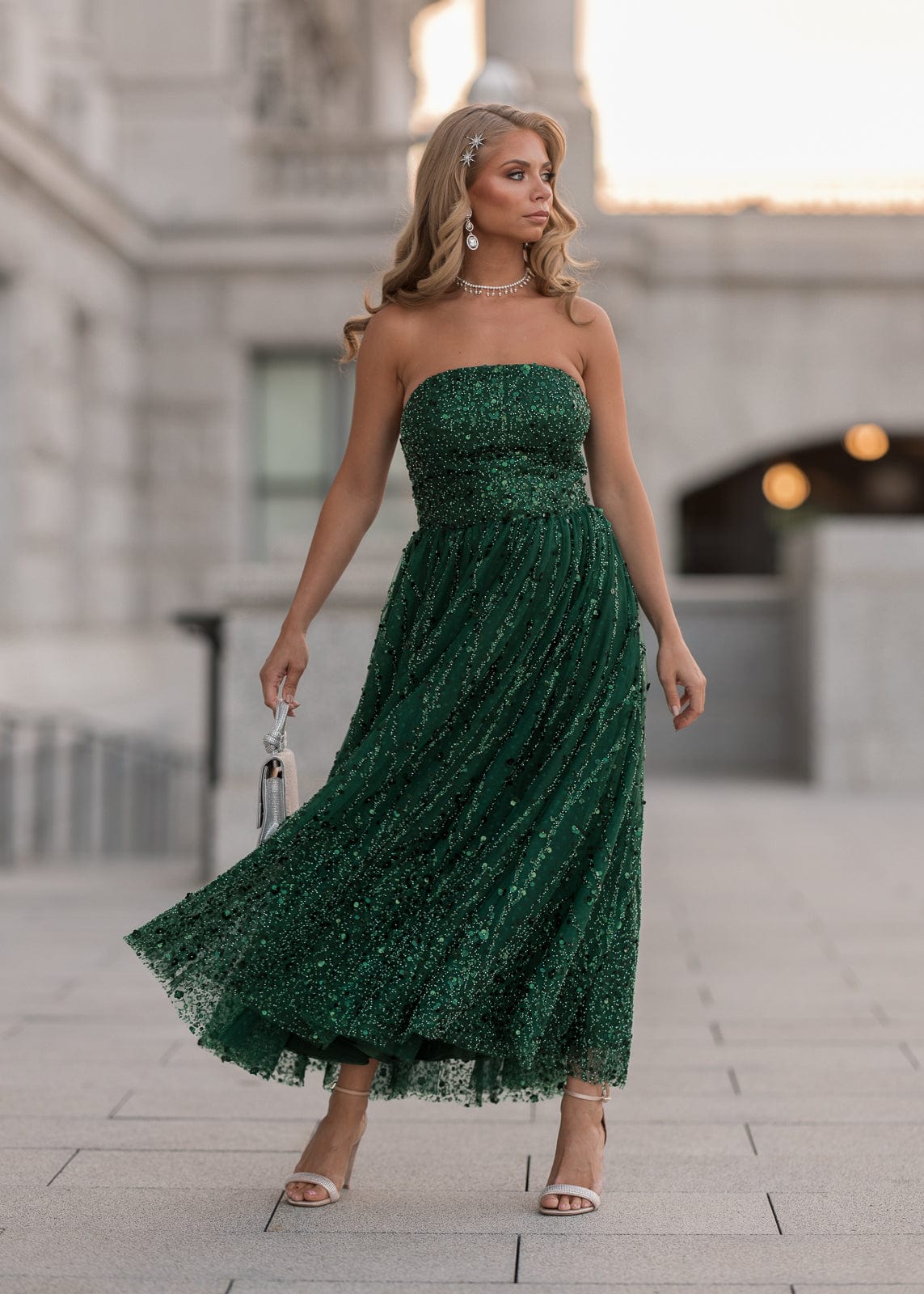 Elphie Strapless Sequin Corset Midi Dress - Green