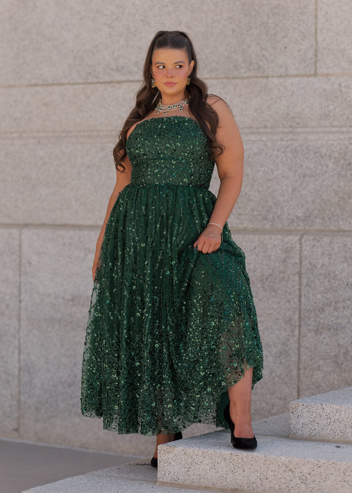 Elphie Strapless Sequin Corset Midi Dress - Green