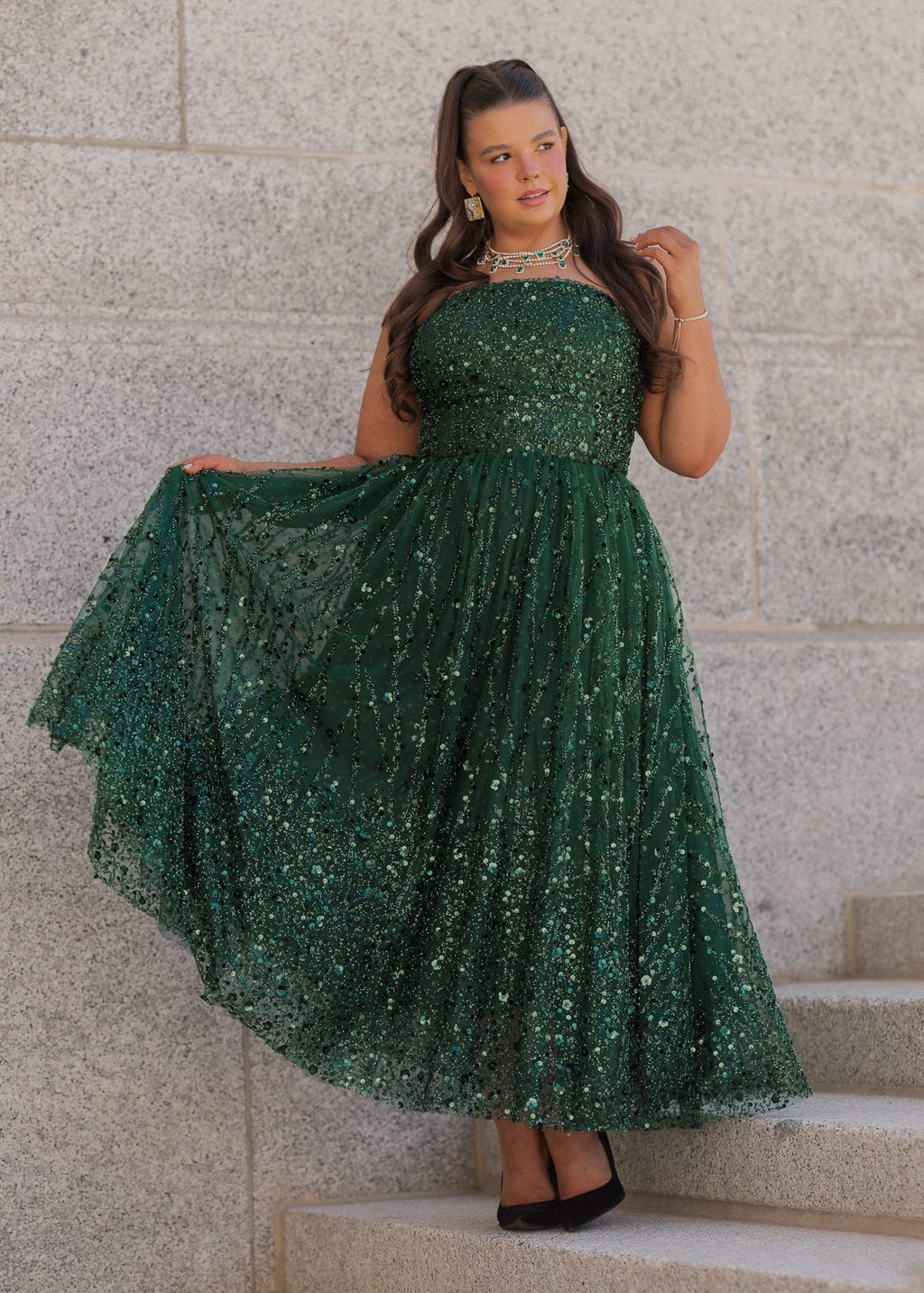 Elphie Strapless Sequin Corset Midi Dress - Green