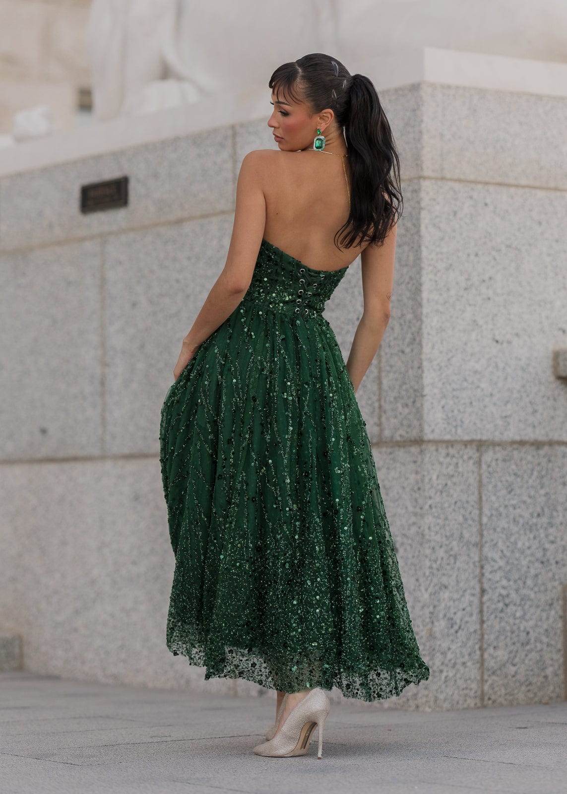 Elphie Strapless Sequin Corset Midi Dress - Green