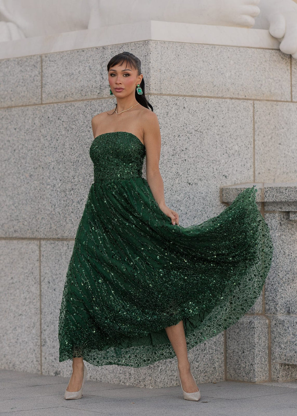 Elphie Strapless Sequin Corset Midi Dress - Green