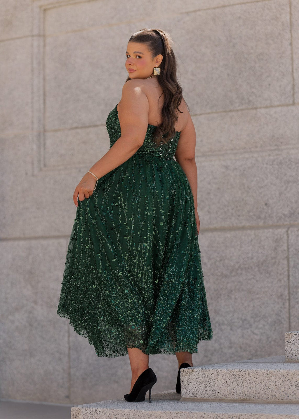 Elphie Strapless Sequin Corset Midi Dress - Green