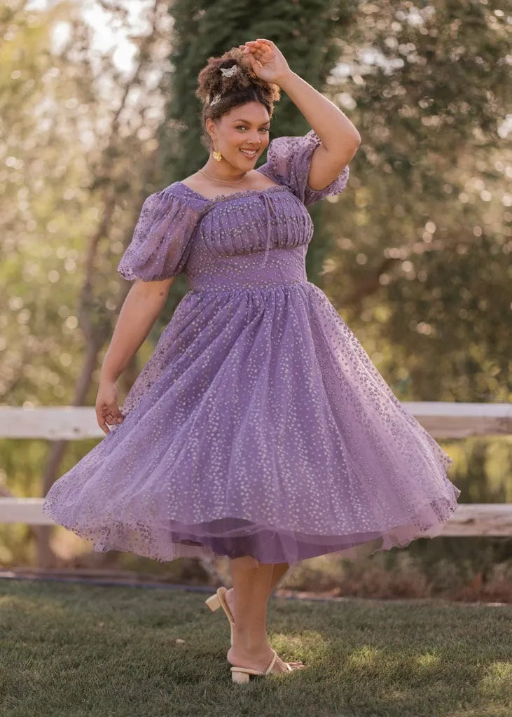 Everbloom Puff Sleeve Midi Dress in Purple