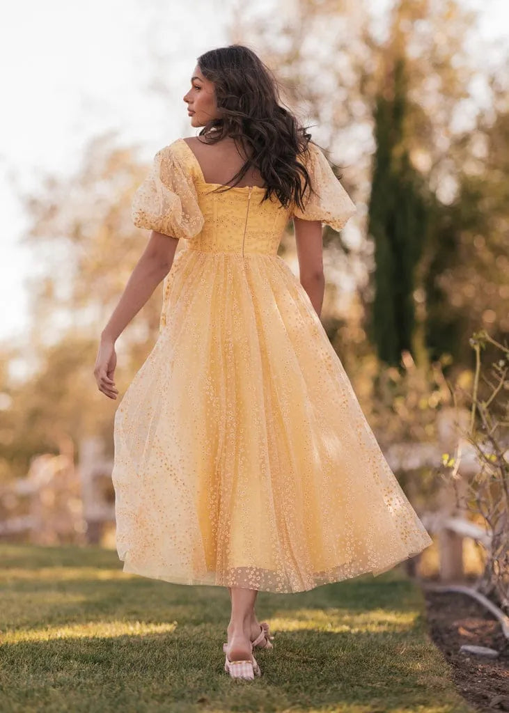 Everbloom Puff Sleeve Midi Dress in Yellow