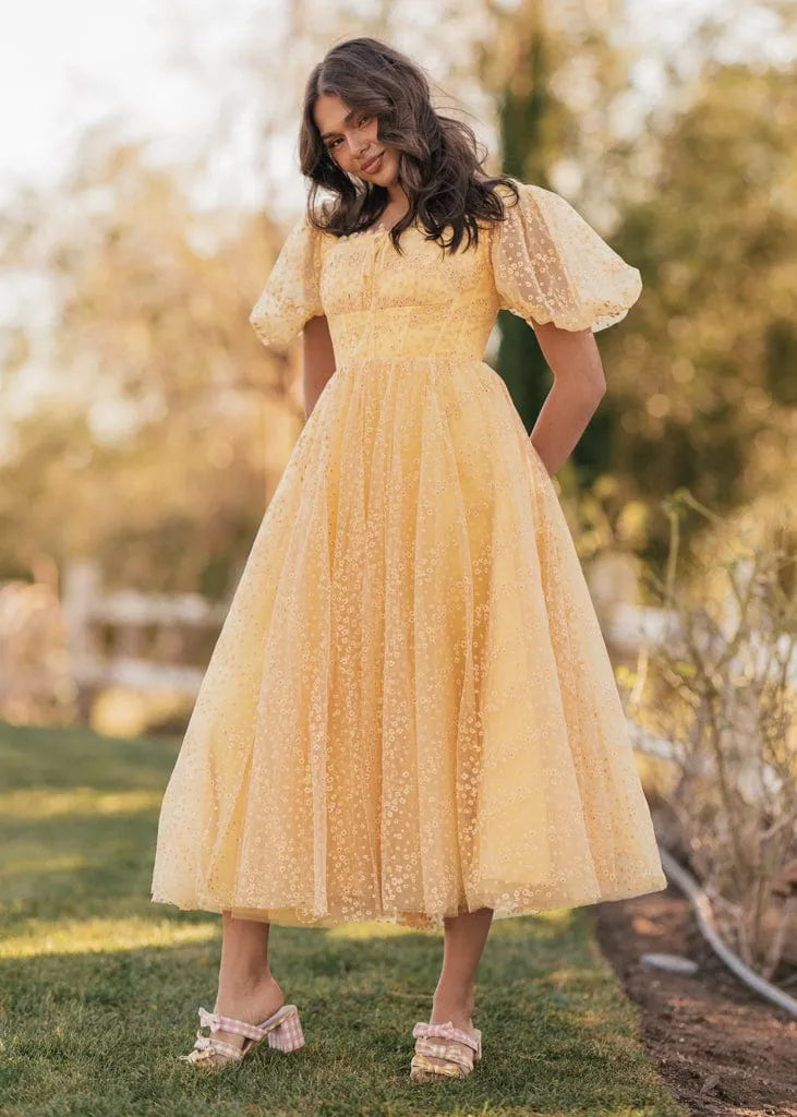Everbloom Puff Sleeve Midi Dress in Yellow