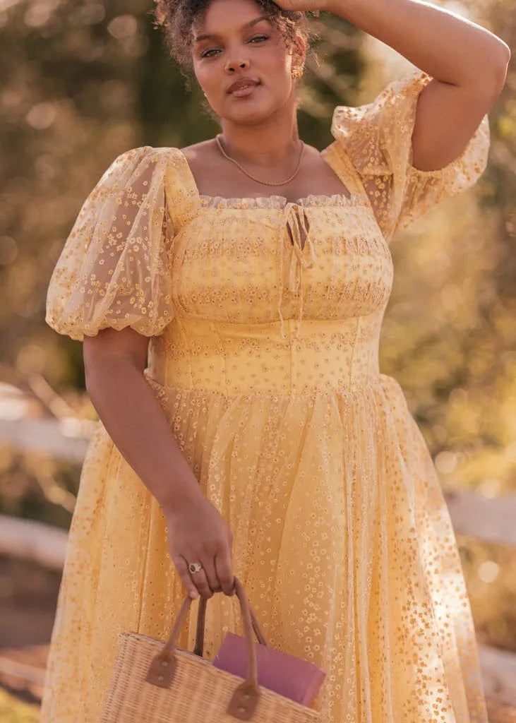 Everbloom Puff Sleeve Midi Dress in Yellow