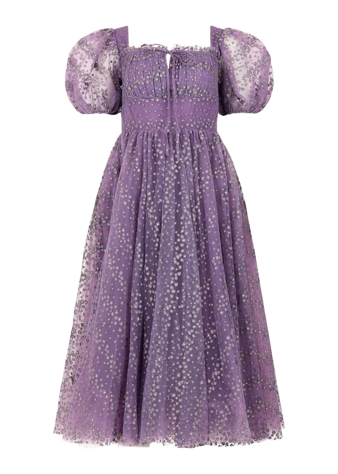 Everbloom Puff Sleeve Midi Dress in Purple