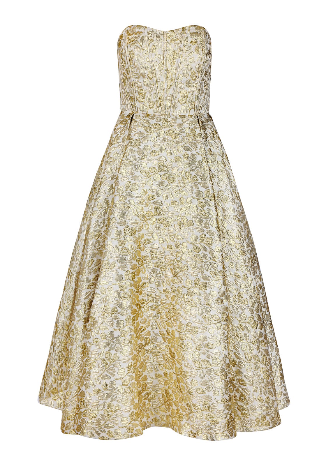 Gloria Strapless Corset Jacquard Midi Dress - Gold