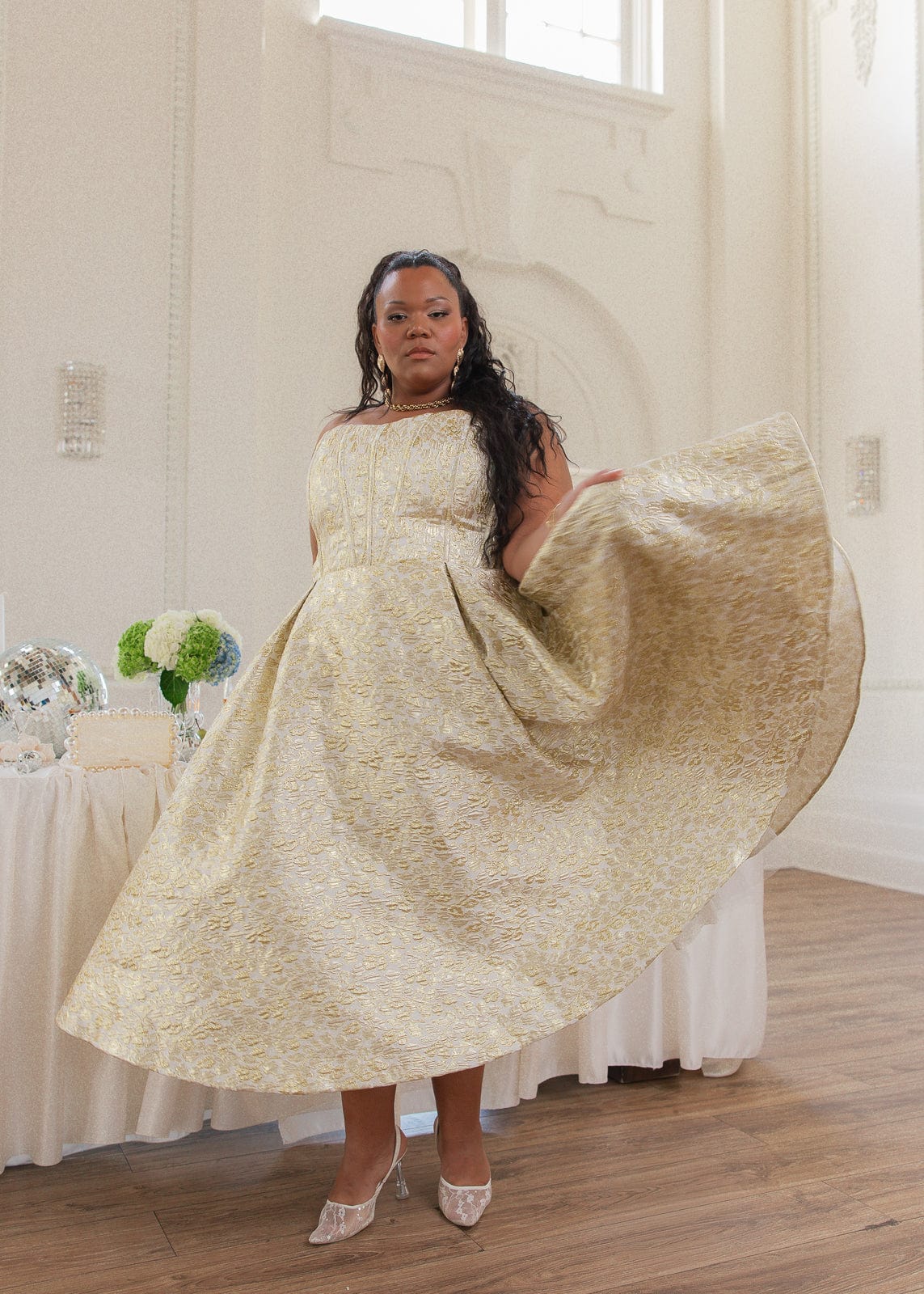 Gloria Strapless Corset Jacquard Midi Dress - Gold