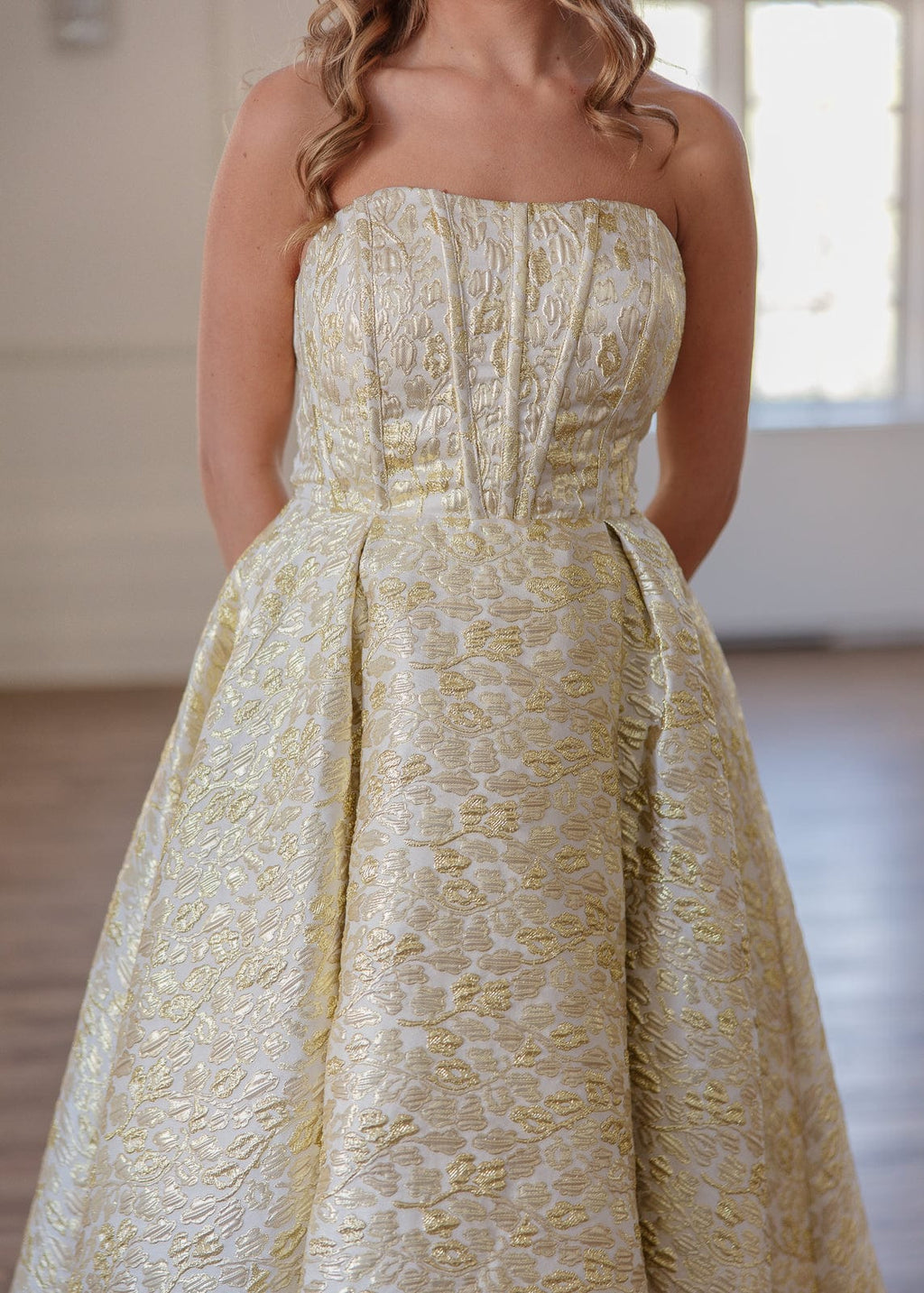 Gloria Strapless Corset Jacquard Midi Dress - Gold