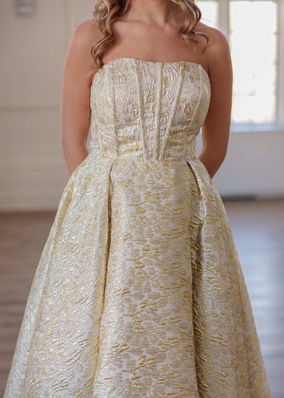 Gloria Strapless Corset Jacquard Midi Dress - Gold