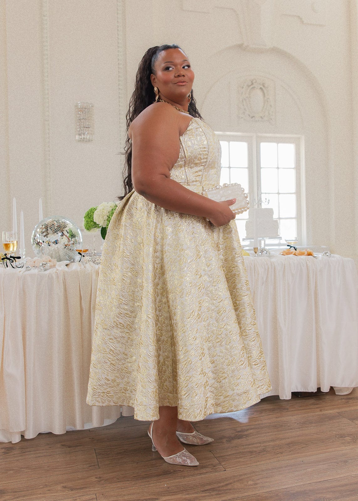 Gloria Strapless Corset Jacquard Midi Dress - Gold