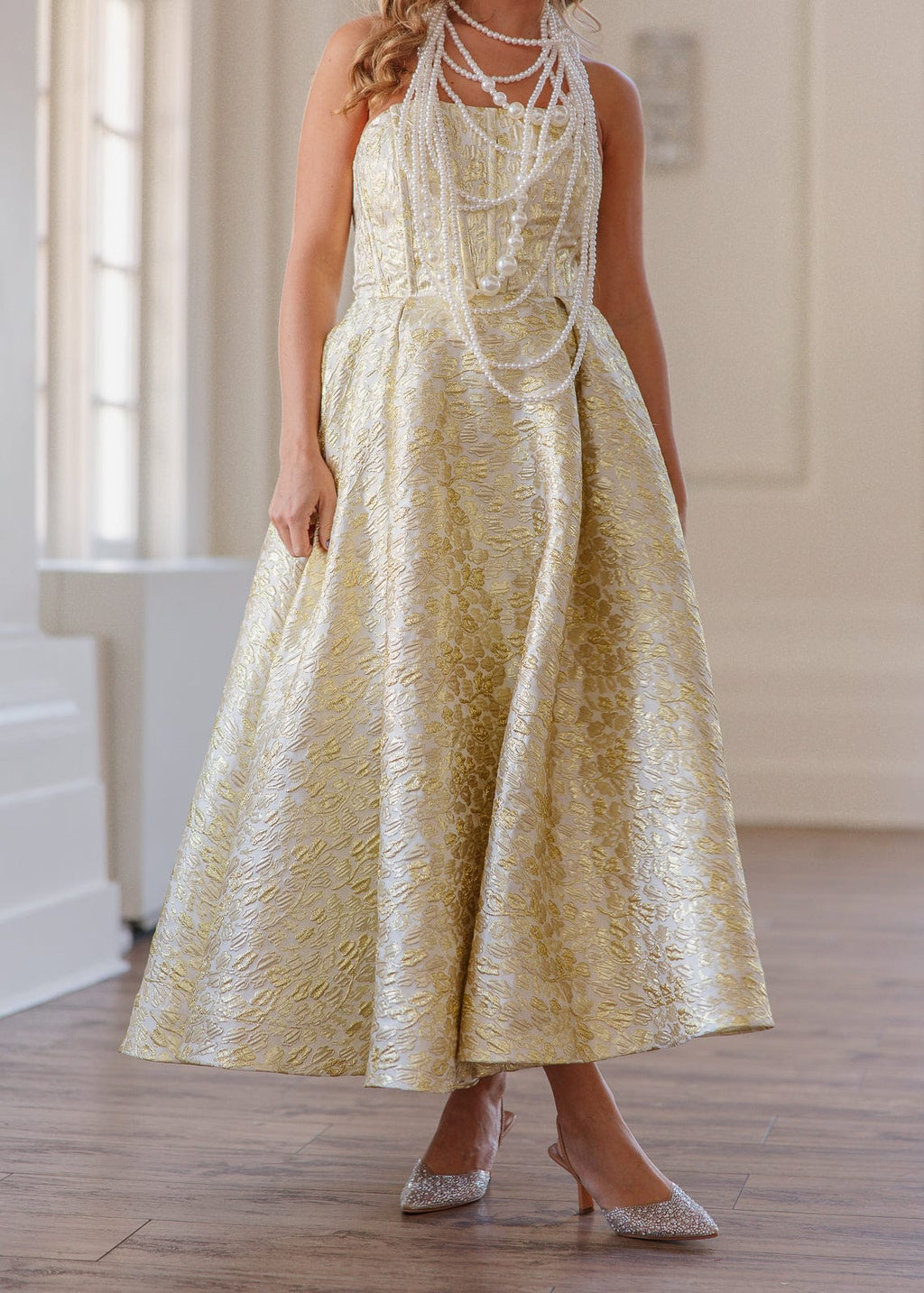 Gloria Strapless Corset Jacquard Midi Dress - Gold