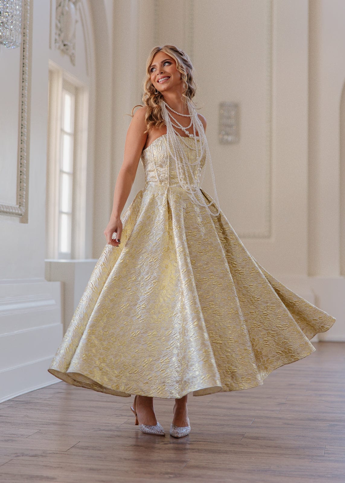 Gloria Strapless Corset Jacquard Midi Dress - Gold