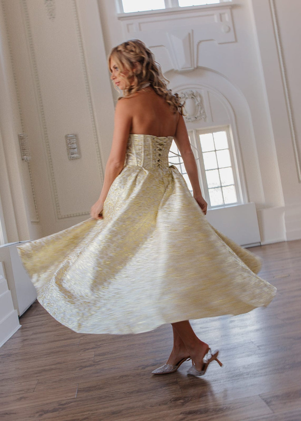 Gloria Strapless Corset Jacquard Midi Dress - Gold