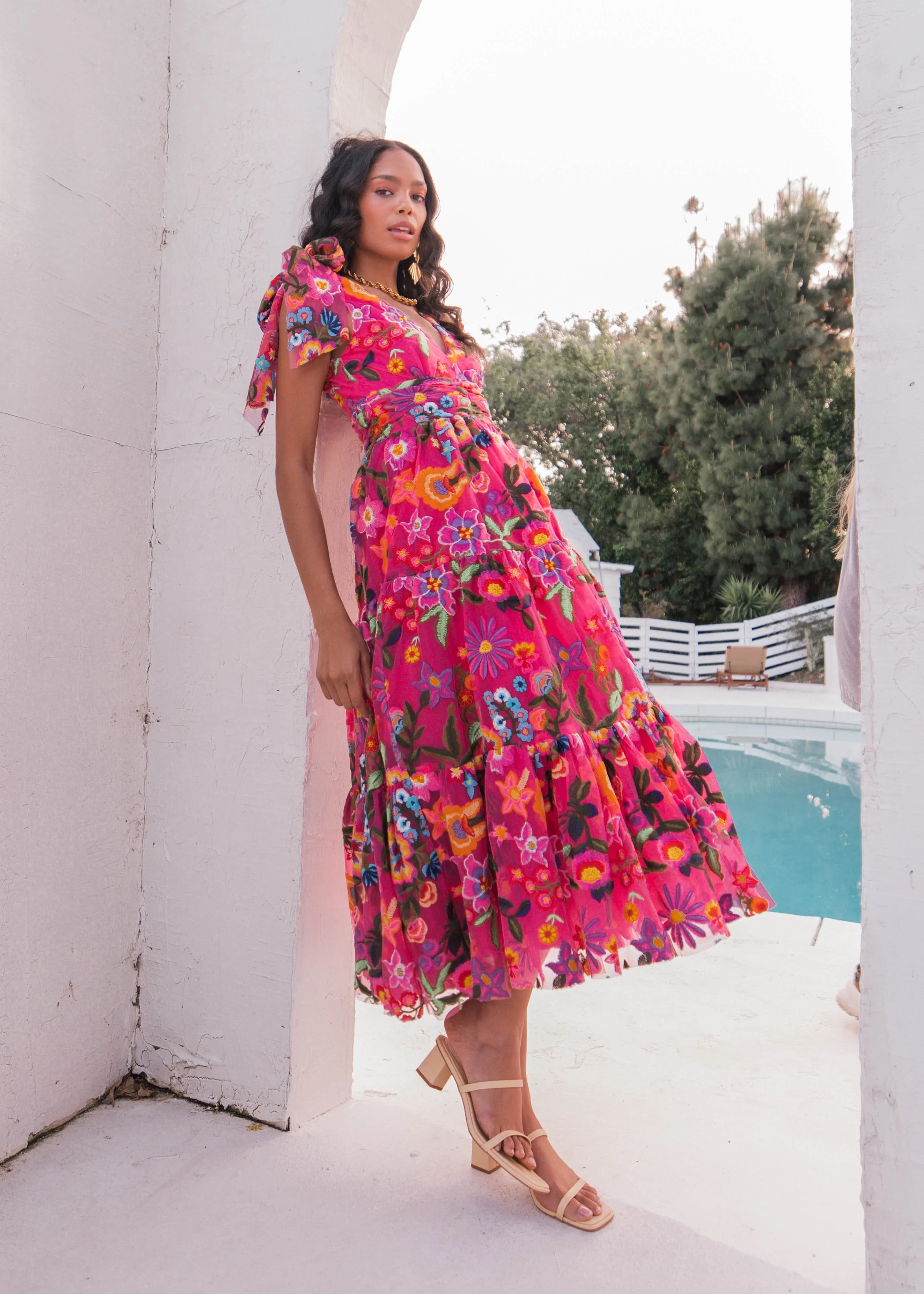 Hibiscus Sleeveless Empire Waist Midi Dress