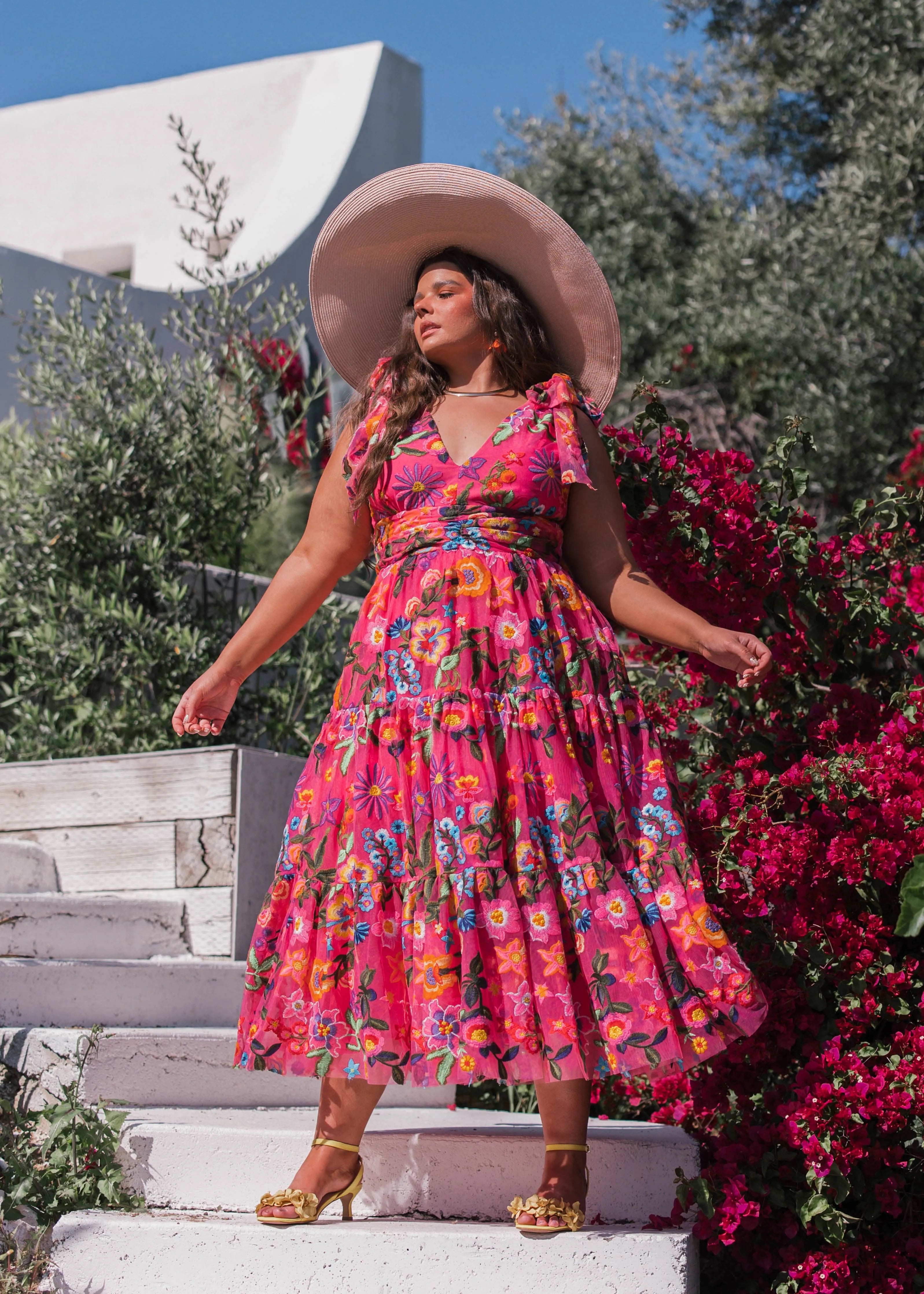 Hibiscus Sleeveless Empire Waist Midi Dress