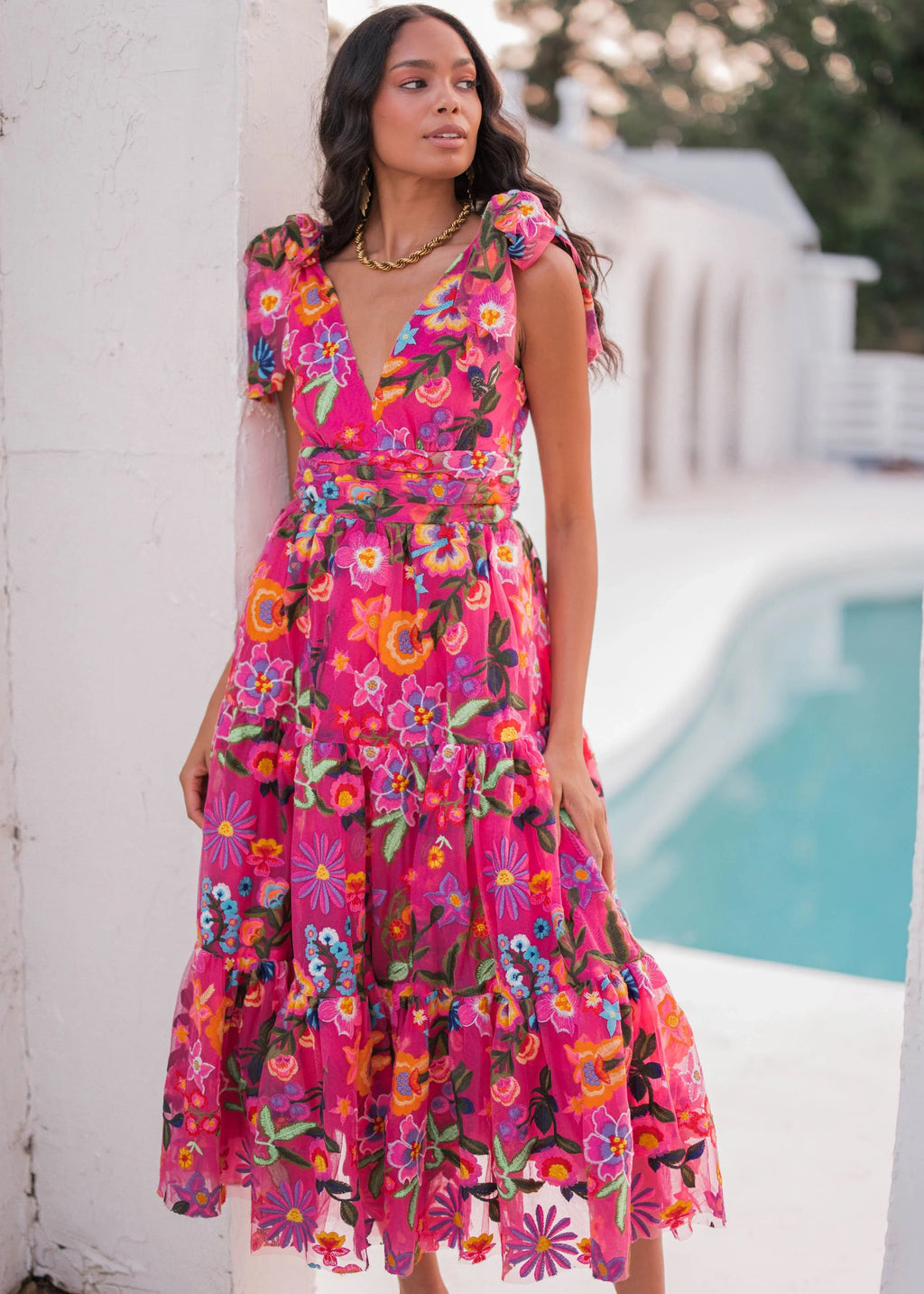 Hibiscus Sleeveless Empire Waist Midi Dress