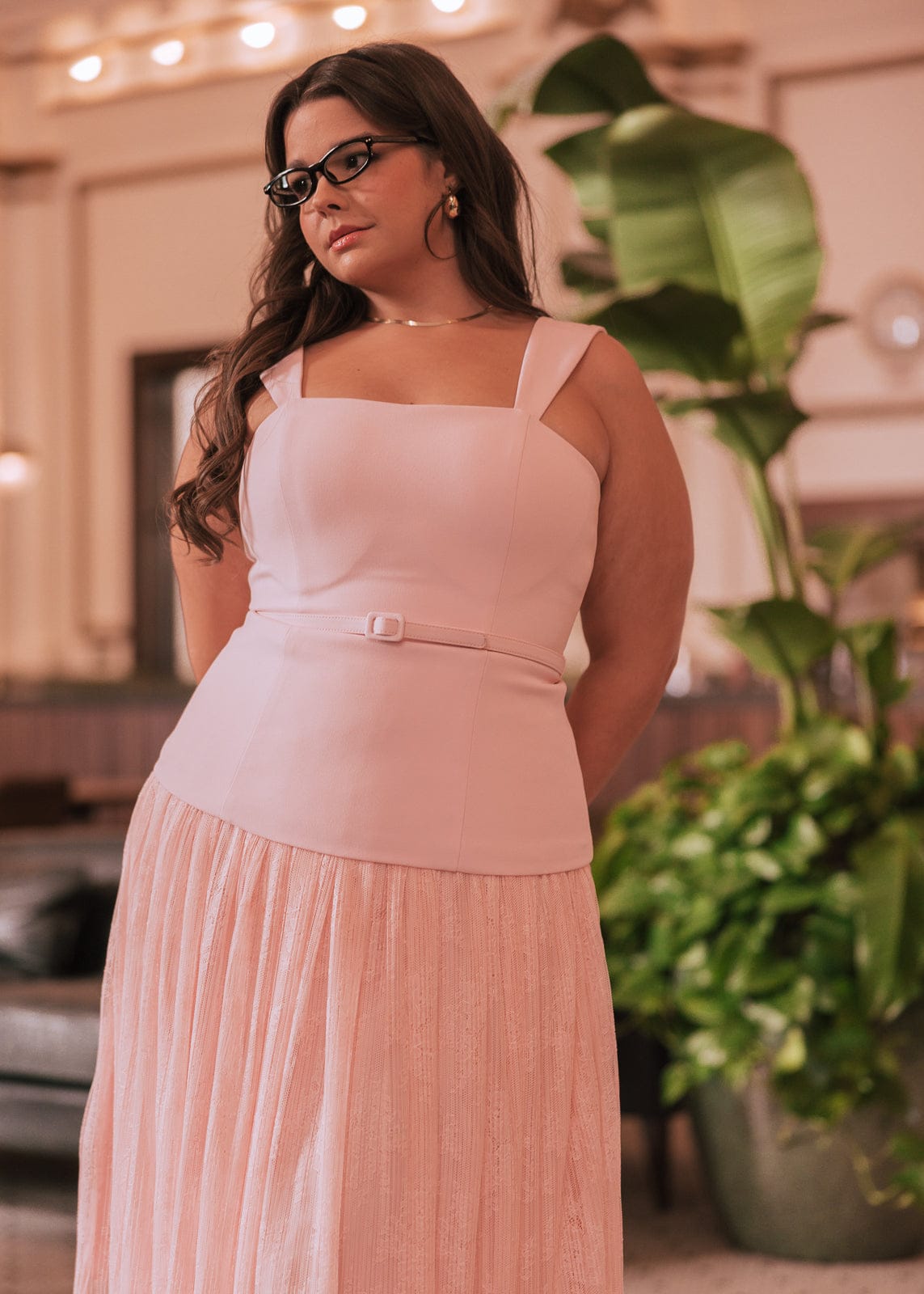 Jackie Peplum Belted Lace Dress - Pink