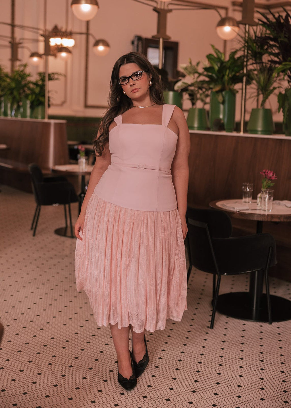 Jackie Peplum Belted Lace Dress - Pink