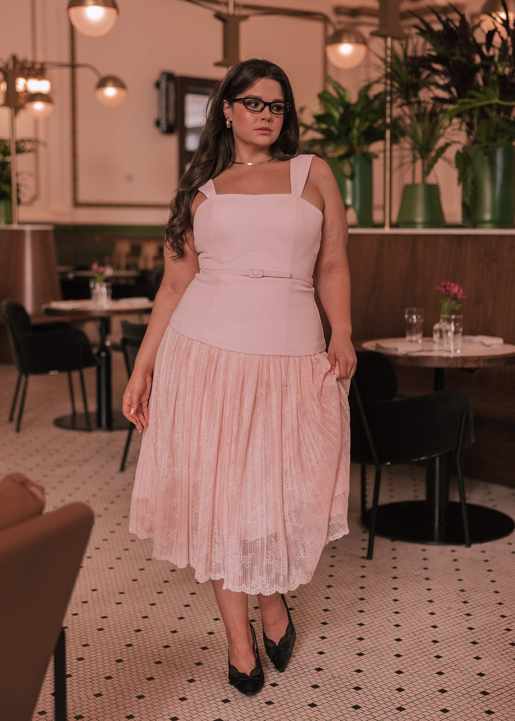 Jackie Peplum Belted Lace Dress - Pink