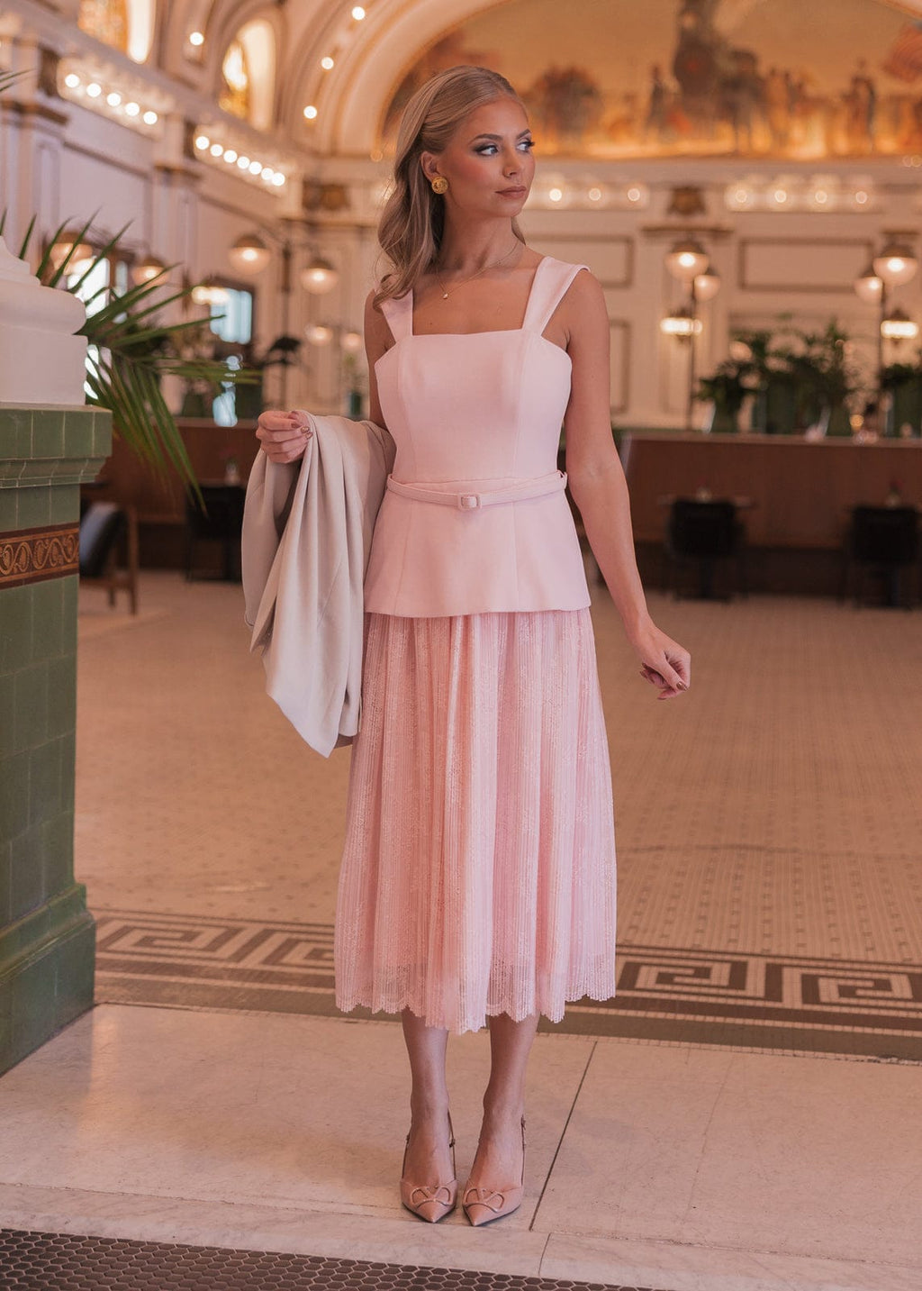 Jackie Peplum Belted Lace Dress - Pink