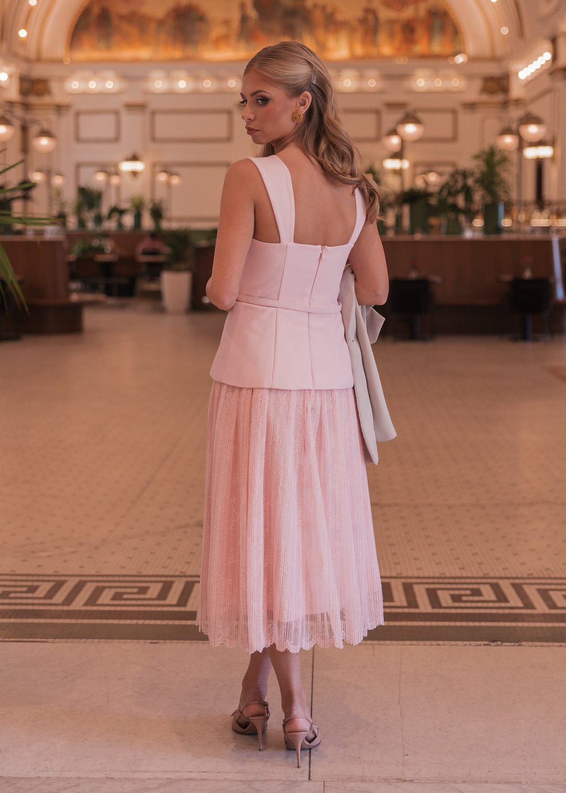 Jackie Peplum Belted Lace Dress - Pink