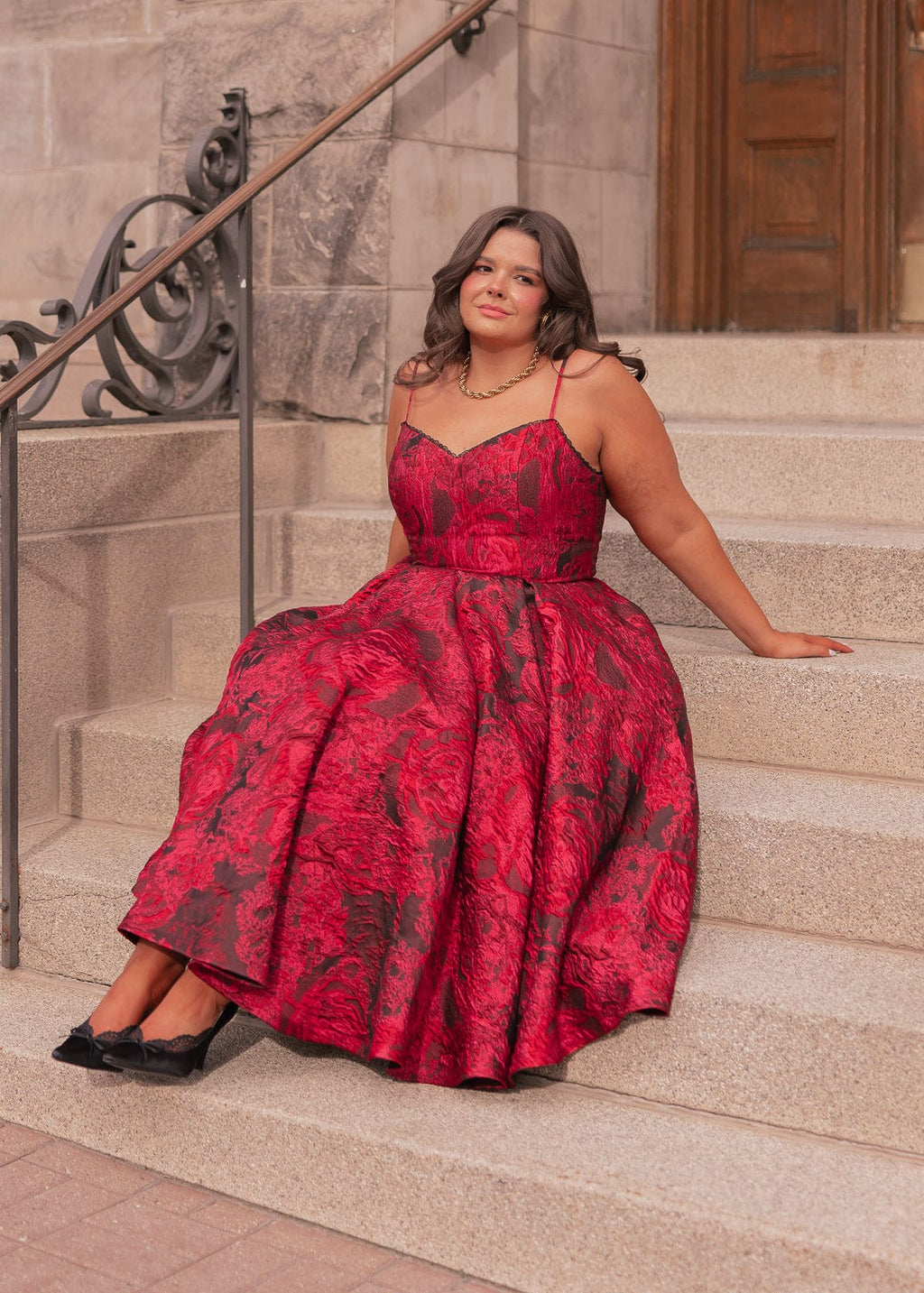 Kelly A-line Jacquard Midi Dress - Red