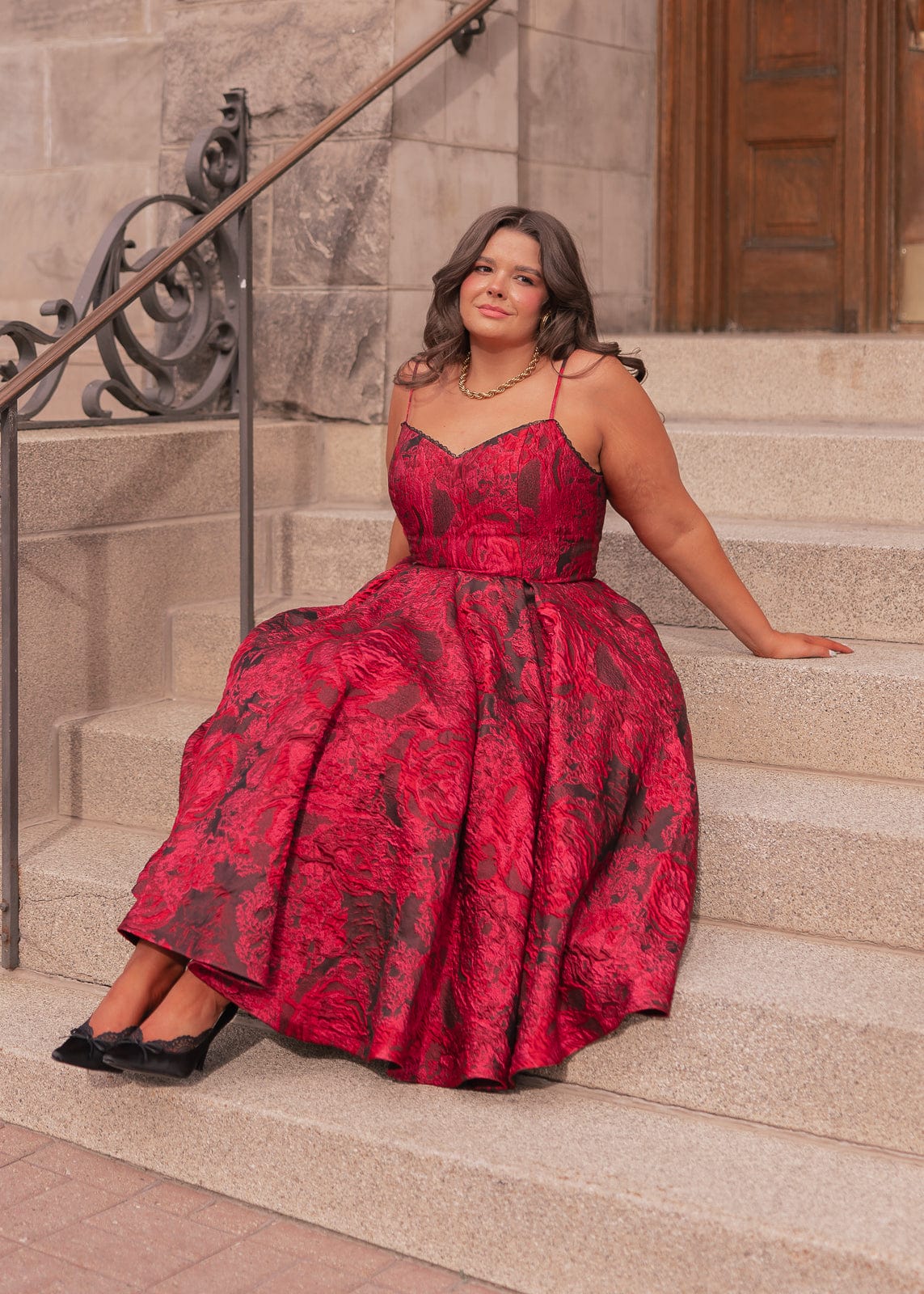 Kelly A-line Jacquard Midi Dress - Red