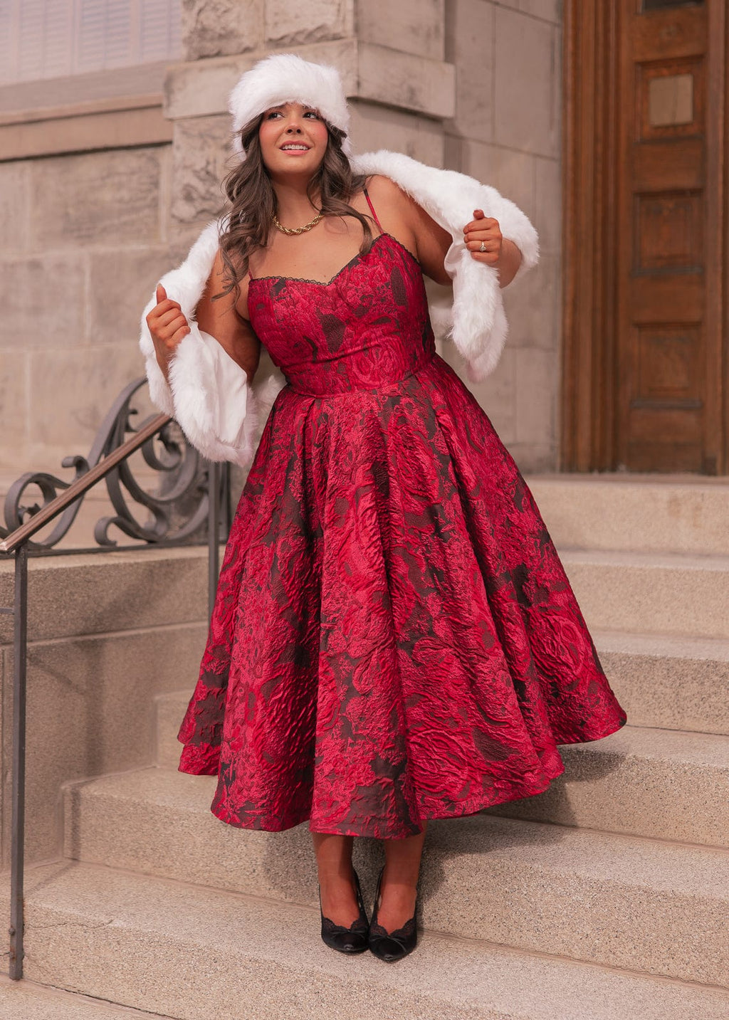 Kelly A-line Jacquard Midi Dress - Red